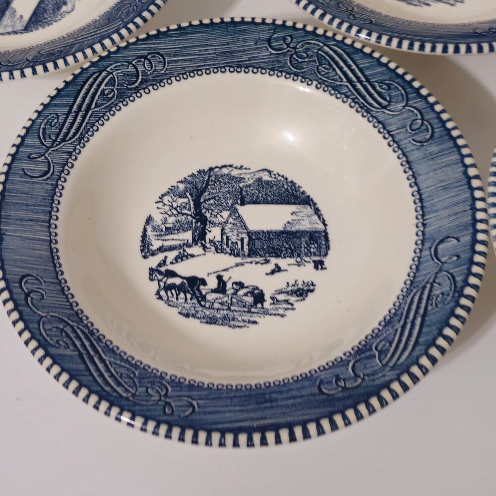 Vintage Blue White Currier and Ives Fruit Bowl  "School House Winter"  6.5"